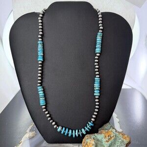 Sterling Southwestern Style Blue Turquoise Beads & Starling Beads 19" Necklace